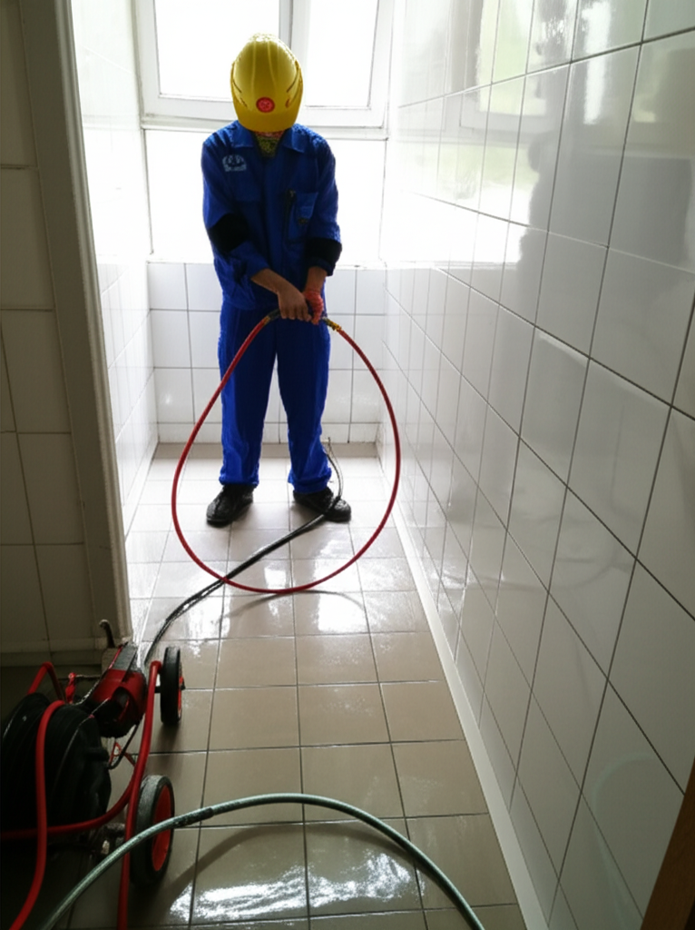Técnico de desentupidora operando equipamento de hidrojateamento em um apartamento.