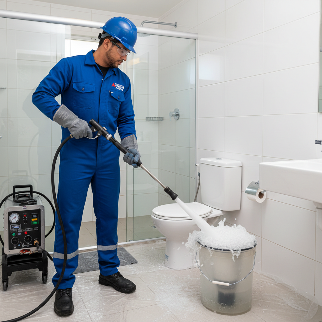 Um profissional uniformizado de uma desentupidora, com equipamentos de segurança, operando uma máquina de hidrojateamento em um banheiro limpo de um apartamento. A cena transmite profissionalismo, tecnologia e eficácia na resolução de entupimentos complexos. O foco é na ação técnica e segura.