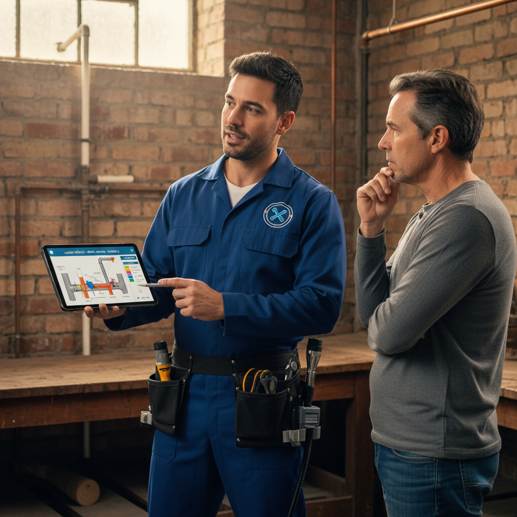 Um profissional de uma desentupidora qualificada, com uniforme limpo e ferramentas modernas, explicando a um cliente (Carlos) um laudo técnico detalhado sobre o sistema hidráulico de seu imóvel antigo. A imagem transmite confiança, expertise e comunicação transparente.