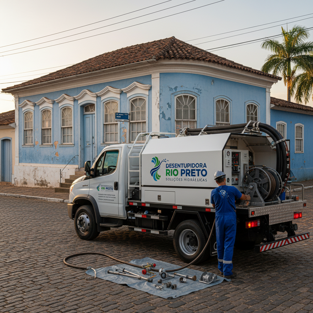Um caminhão de hidrojateamento moderno com o logo de uma desentupidora em São José do Rio Preto, estacionado em frente a uma casa antiga, com um técnico preparando o equipamento. A imagem é profissional e foca na solução local.