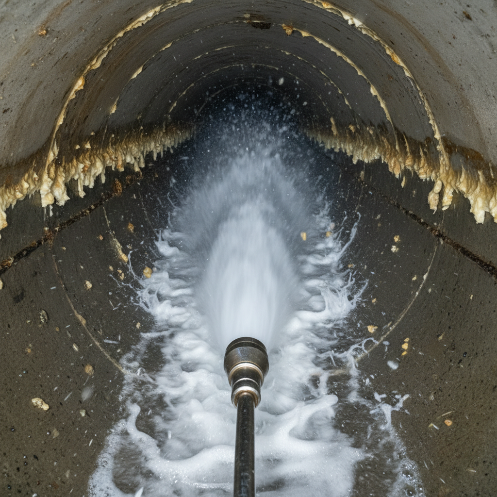 Uma visão interna de um cano de esgoto sendo limpo por um jato de água de alta pressão emergindo de um bico de hidrojateamento. Detritos como gordura solidificada e outros resíduos estão sendo removidos eficazmente das paredes do cano, mostrando a limpeza em progresso. A imagem deve ser clara e detalhada, com a água criando turbulência dentro do encanamento.