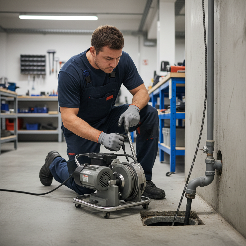 Um técnico focando em uma máquina desentupidora eletro-rotativa em operação, com o cabo flexível adentrando um ralo ou tubulação. As mãos do técnico estão firmes no controle do equipamento, transmitindo expertise. O ambiente é um espaço de trabalho limpo e organizado, com foco no equipamento e na ação.