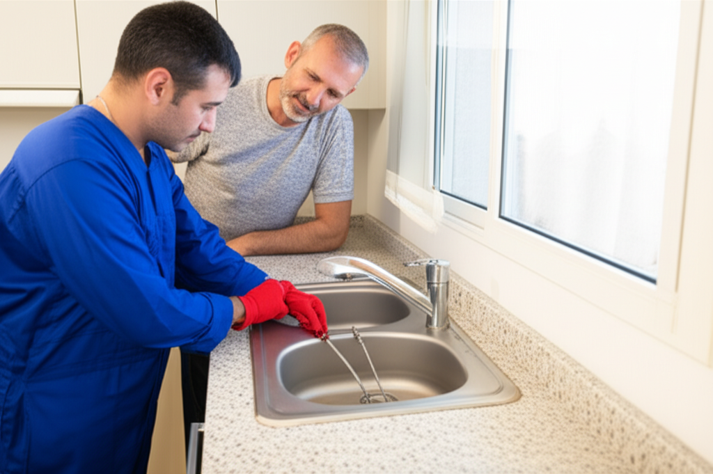 Um técnico de desentupimento em um apartamento, utilizando uma ferramenta manual de sonda para desobstruir a pia da cozinha, enquanto o morador observa atentamente.