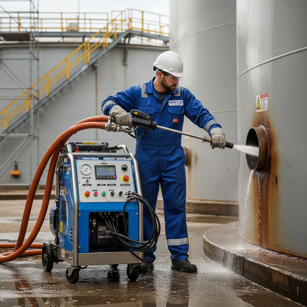 Imagem de um técnico profissional uniformizado operando um equipamento de hidrojateamento de alta pressão em uma área de serviço, com foco na máquina e na mangueira sendo inserida na tubulação do tanque, demonstrando expertise e tecnologia.