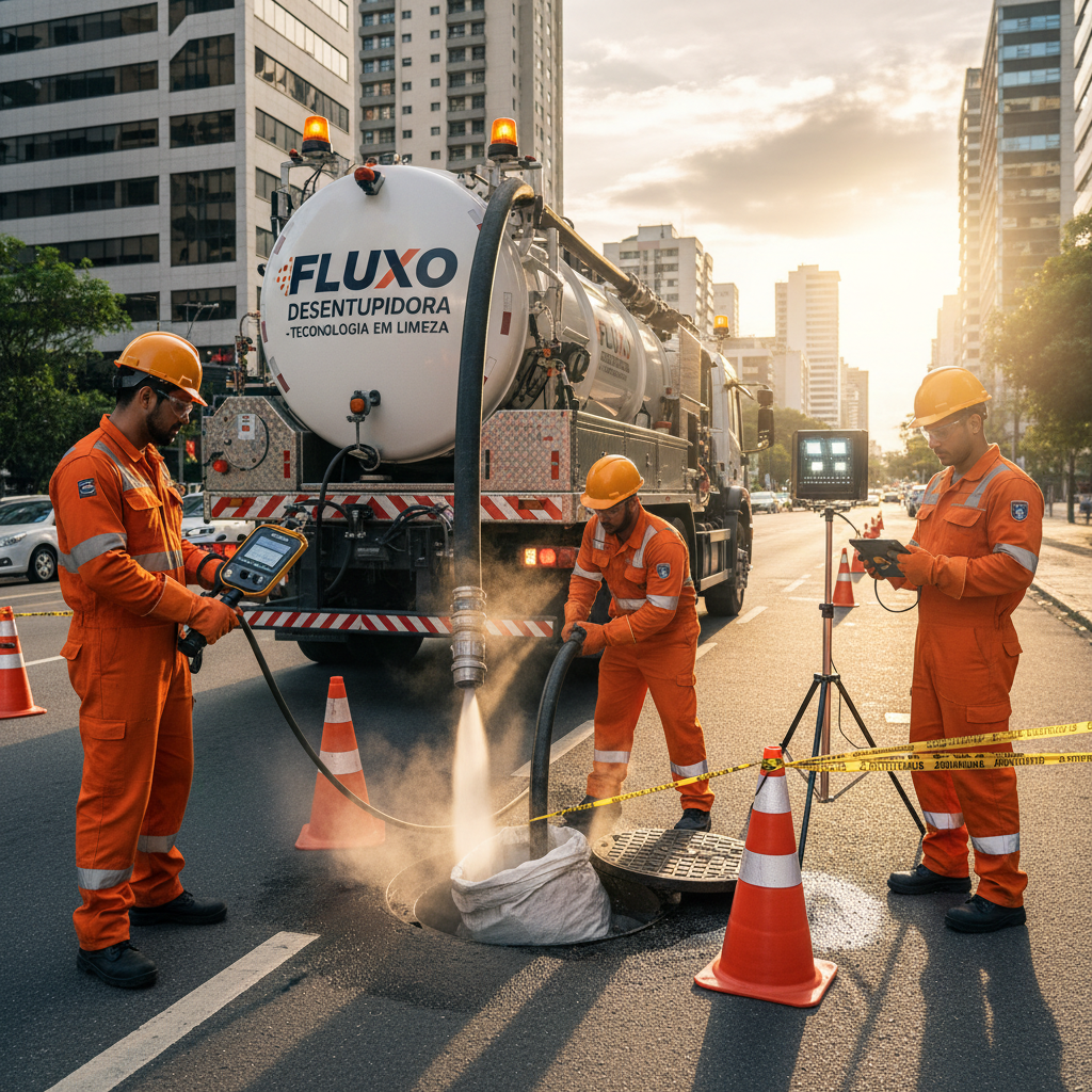 Uma equipe técnica de desentupimento utilizando equipamentos profissionais, como um caminhão hidrojato, operando em um bueiro de rua para remoção de obstruções. Foco na segurança e tecnologia.