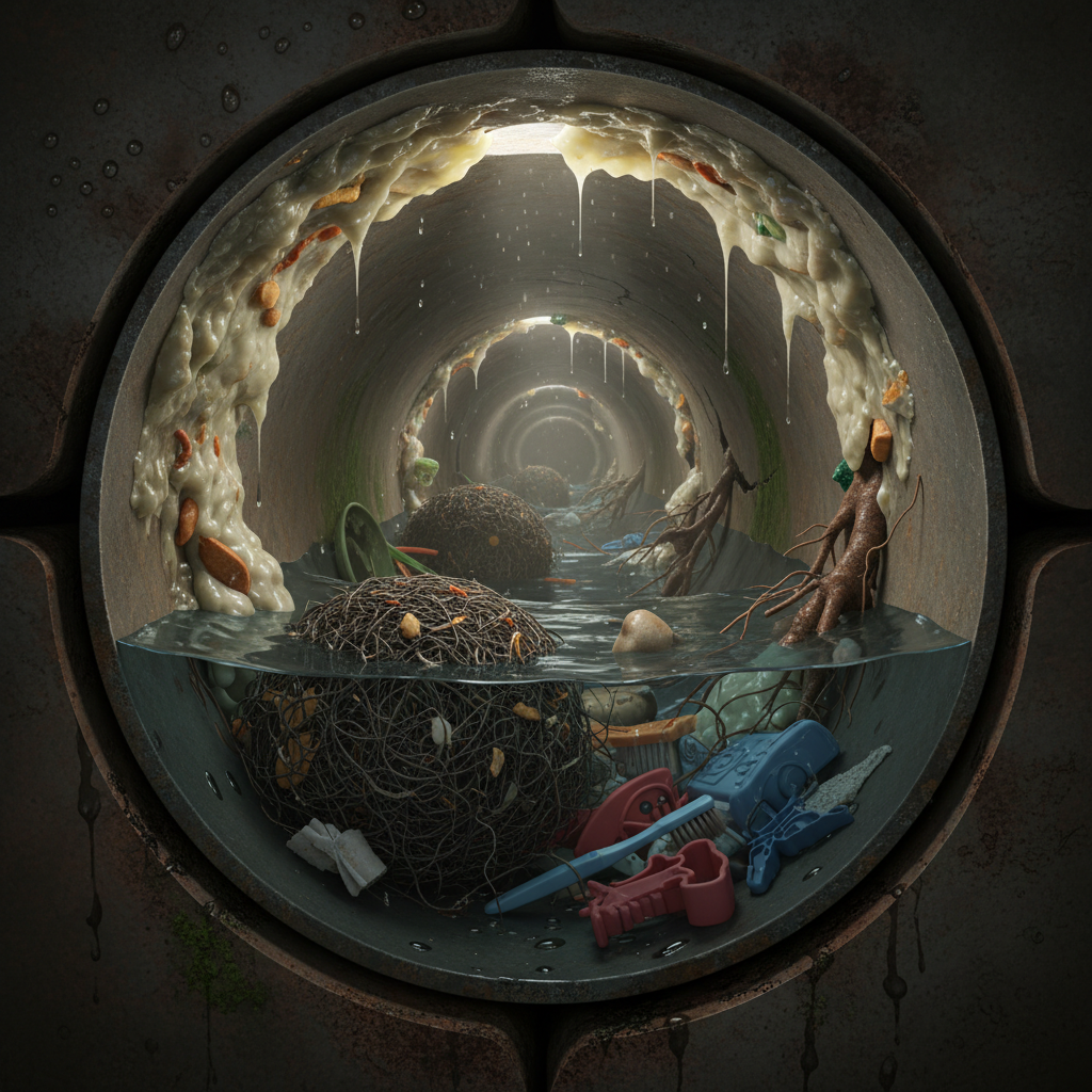 Visão de perto de um técnico em desentupimento operando um equipamento de hidrojateamento de alta pressão em uma tubulação. Detalhes do bico e da mangueira robusta, com foco na precisão da operação em um ambiente controlado.