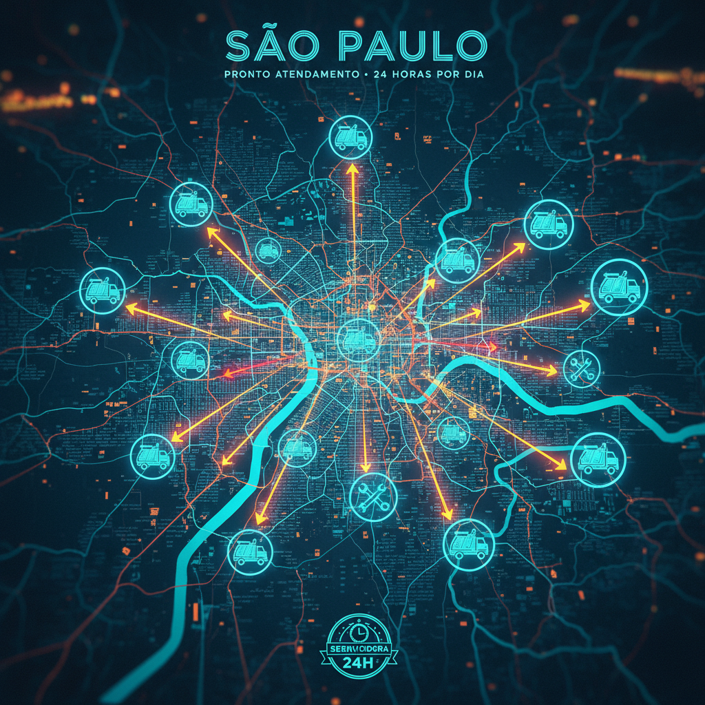 Mapa estilizado da cidade de São Paulo com diversos ícones de caminhões de desentupimento ou chaves inglesas espalhados, indicando a disponibilidade de serviços urgentes 24 horas por toda a cidade. Pode ter um efeito de luzes ou setas apontando para os pontos de serviço.