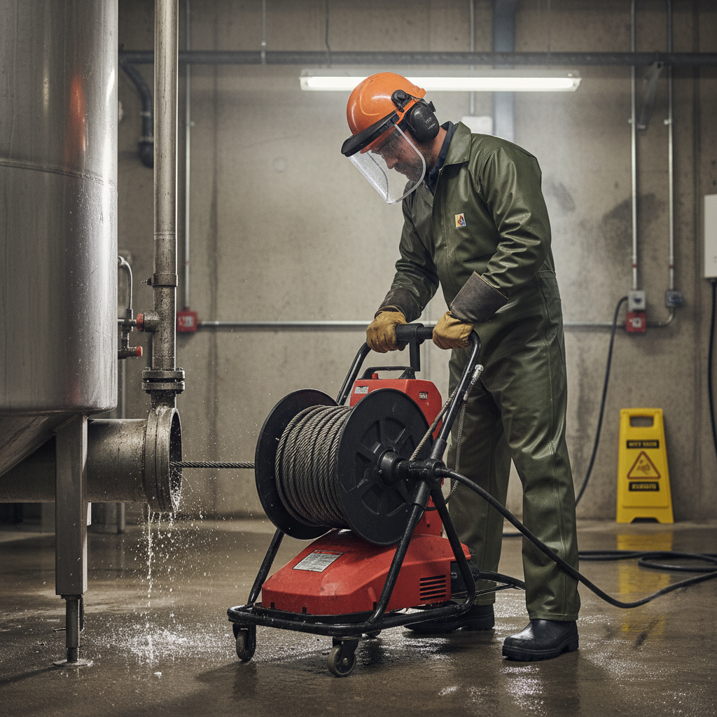 Um profissional técnico de desentupimento, usando equipamentos de proteção individual, operando uma máquina desentupidora elétrica de alta potência com um cabo inserido na tubulação de um tanque, mostrando a técnica e a segurança no trabalho.