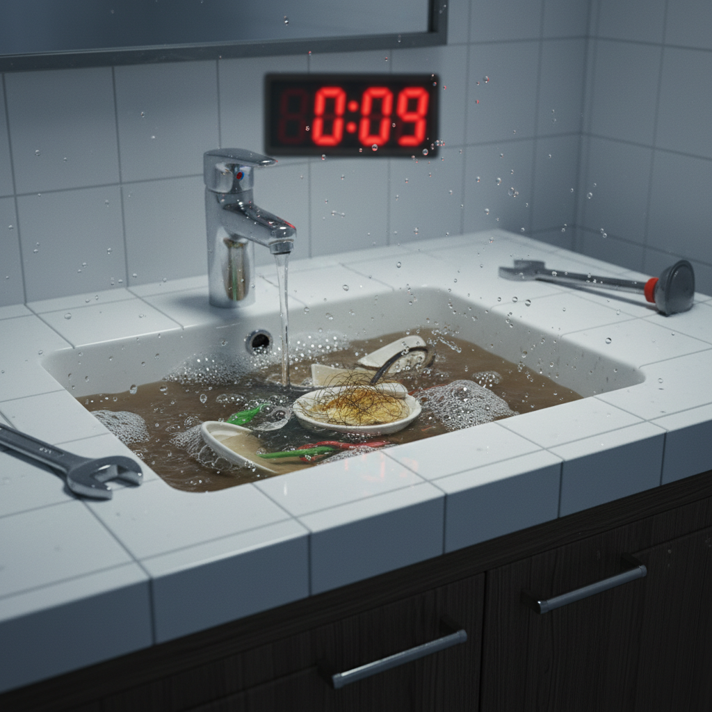 Representação de um encanamento com água transbordando, simulando uma situação de entupimento grave e urgente em uma pia de cozinha ou banheiro, com a visualização de um cronômetro ao fundo indicando a urgência. A imagem deve ser realista e transmitir a sensação de emergência.