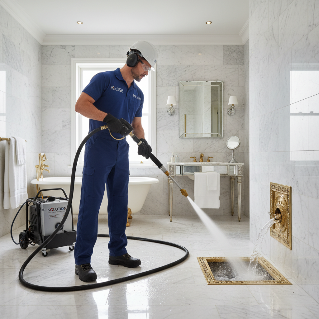 Profissional uniformizado, com equipamentos de segurança, utilizando uma máquina desentupidora de alta pressão em um banheiro elegante, demonstrando profissionalismo e eficácia na resolução de problemas complexos.