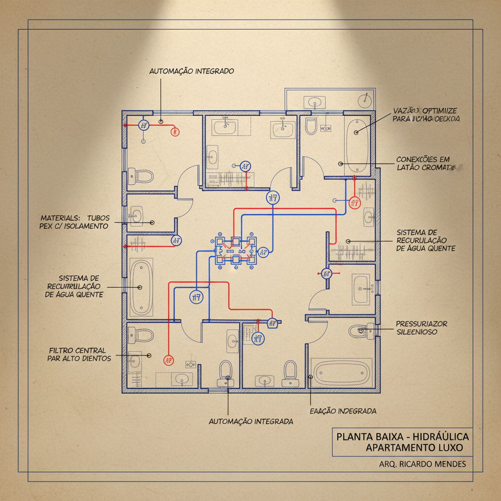 Planta baixa de um sistema hidráulico de um apartamento de luxo, destacando as tubulações e pontos de acesso, com anotações técnicas sobre o design e materiais utilizados, sob uma luz arquitetônica.