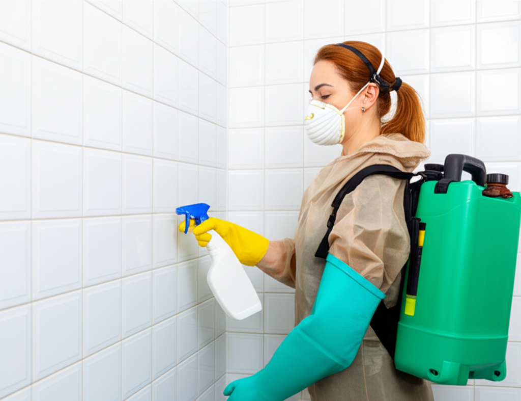 Mulher pulverizando solução desinfetante em um banheiro após um entupimento, mostrando a importância de eliminar bactérias e germes.