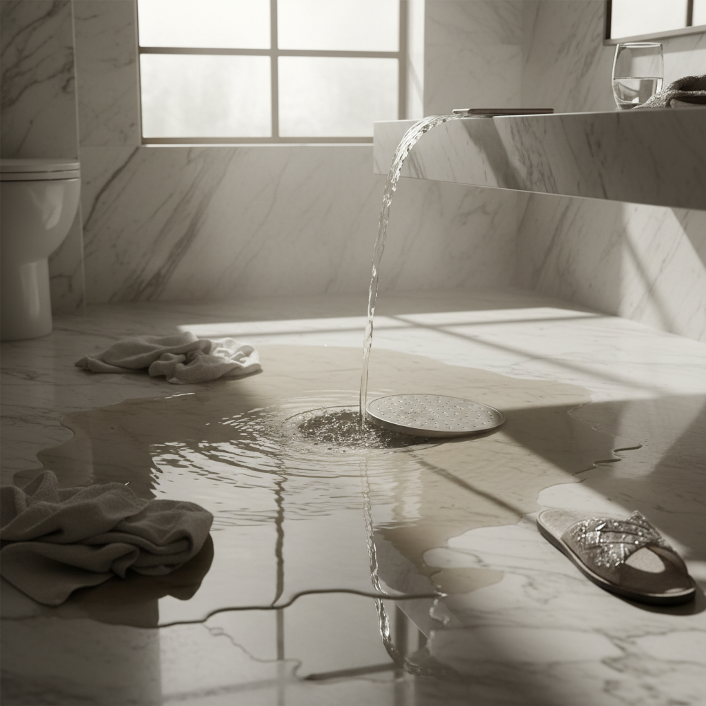 Um close-up técnico das mãos de um indivíduo usando luvas de proteção robustas, aplicando um desinfetante hospitalar em spray sobre uma superfície de cerâmica úmida de um piso, próximo a um ralo. O rótulo do produto deve ser visível, indicando sua ação bactericida.