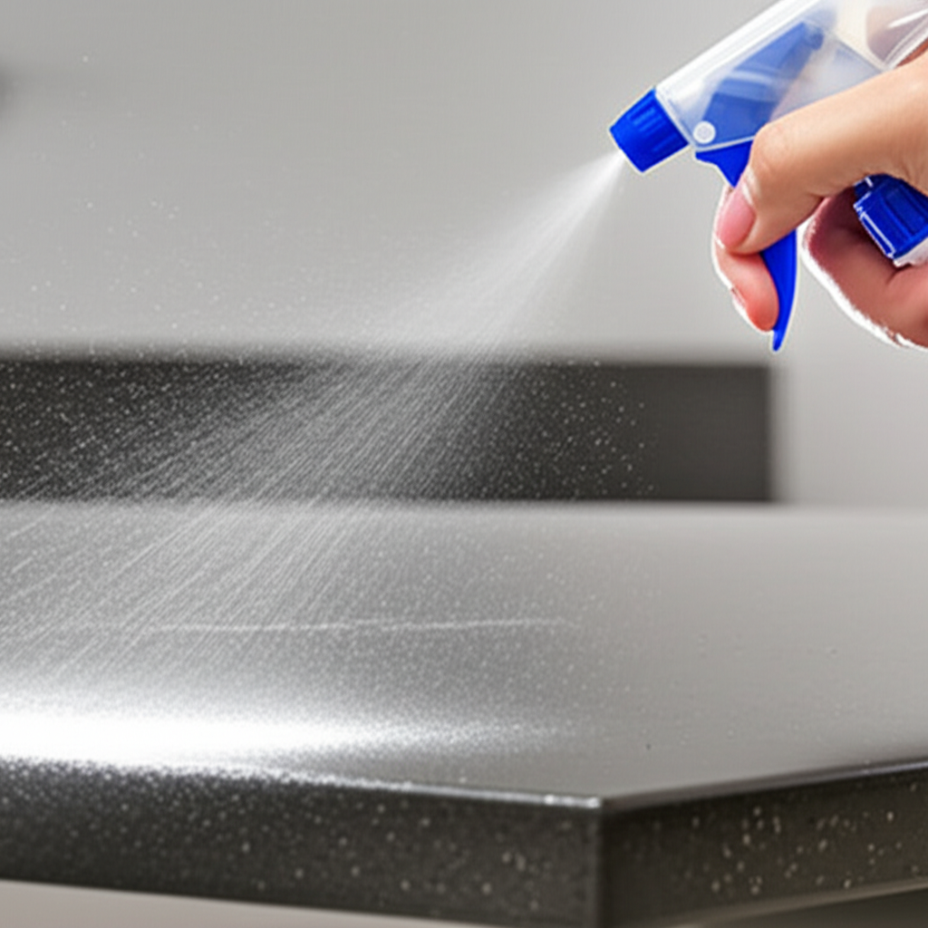 Desinfecção de superfície com borrifador e produto de limpeza.