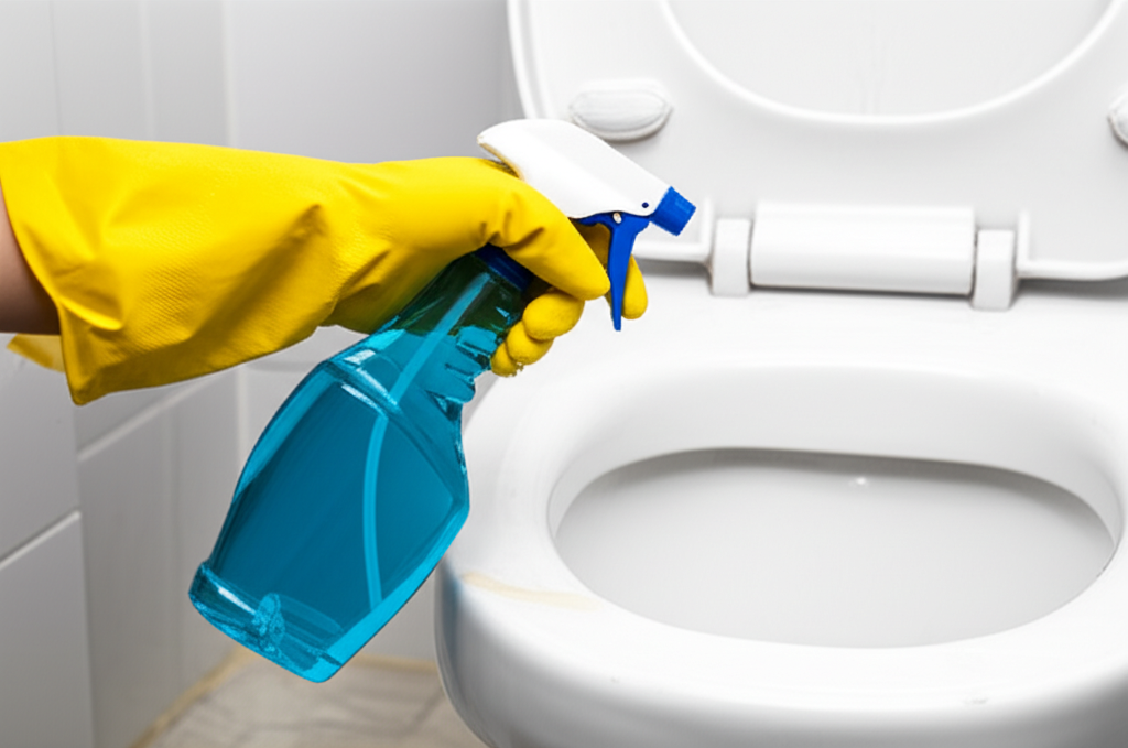 Mulher utilizando um borrifador com desinfetante para limpar e desinfetar um vaso sanitário após um entupimento.
