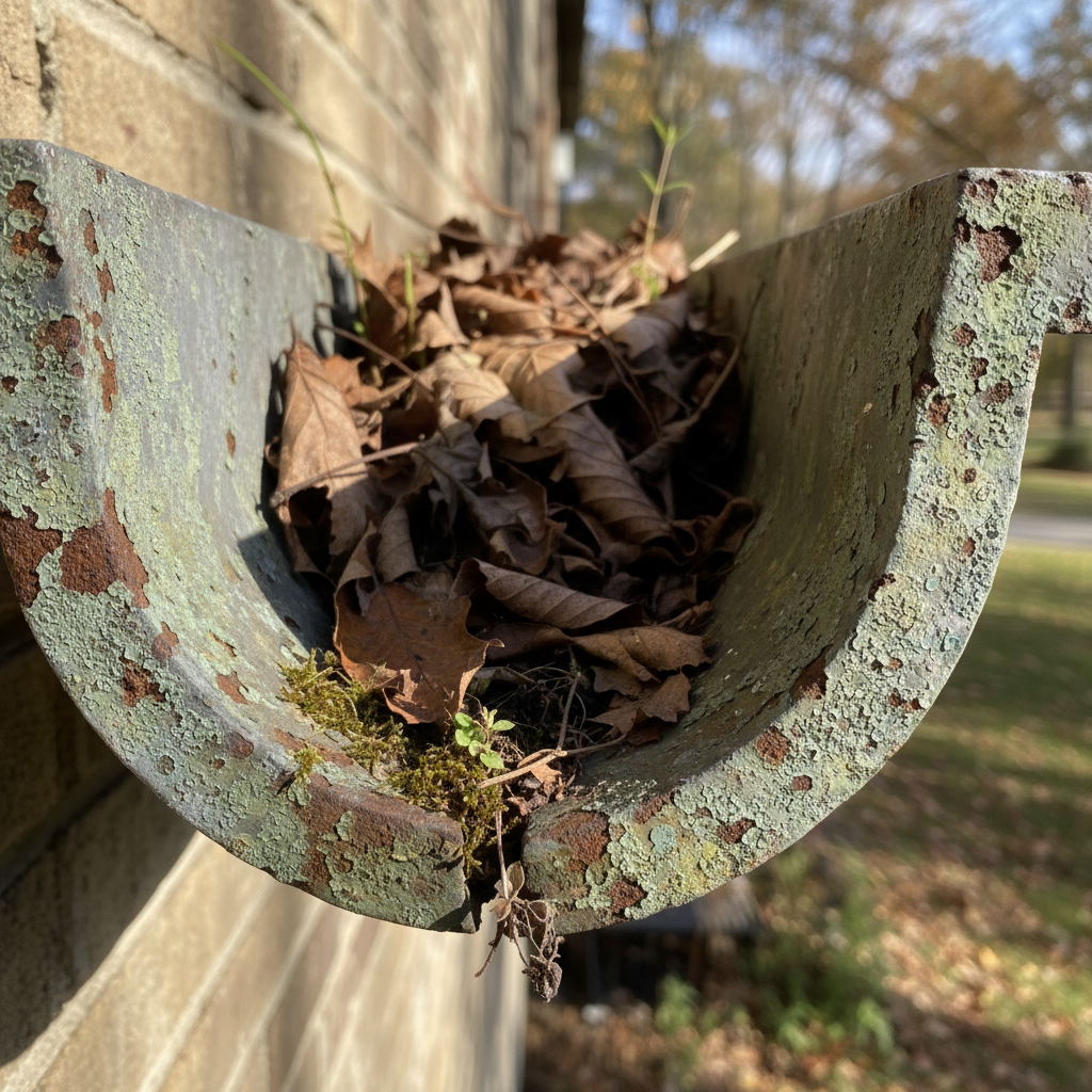 Acúmulo de folhas e detritos em calha de casa antiga, cercada por árvores.
