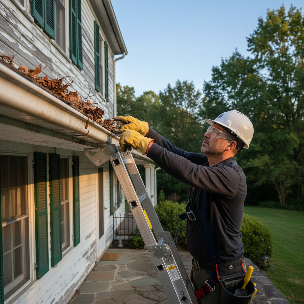 Imagem real de uma pessoa (com equipamento de segurança, como luvas e óculos) inspecionando uma calha de uma casa antiga com uma escada segura. A pessoa está apontando para detritos visíveis na calha, como folhas e galhos. A cena deve transmitir segurança e atenção aos detalhes.