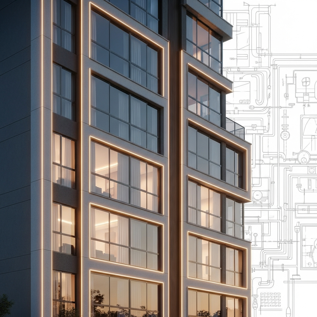 Técnico utilizando uma câmera de vídeo de inspeção de alta definição dentro de uma tubulação de um apartamento de luxo, com a imagem sendo exibida em um monitor portátil, mostrando um acúmulo de gordura ou objeto estranho. O ambiente é limpo e moderno.