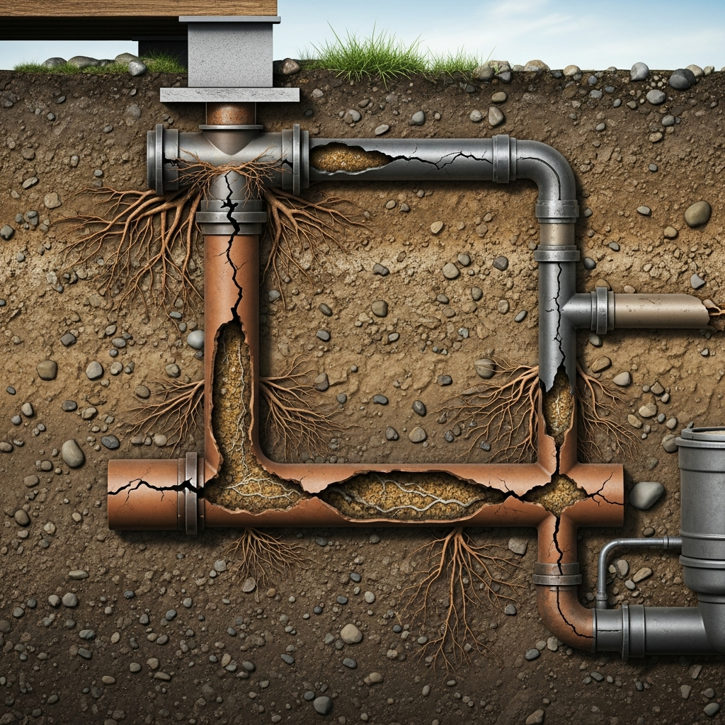 Uma equipe técnica realizando uma videoinspeção em uma tubulação. Um profissional opera um console com monitor que exibe claramente uma imagem interna da tubulação, revelando uma obstrução significativa e uma rachadura estrutural no material do encanamento. Foco na tecnologia de diagnóstico e na precisão da imagem.