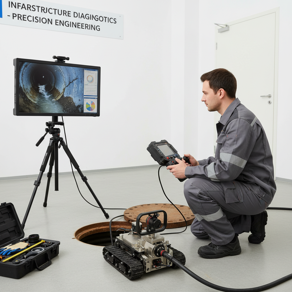 Técnico utilizando equipamento de vídeo inspeção robótico com câmera em uma tubulação de esgoto, visualizando as condições internas da tubulação em um monitor. O ambiente deve ser profissional e focar na precisão do diagnóstico.