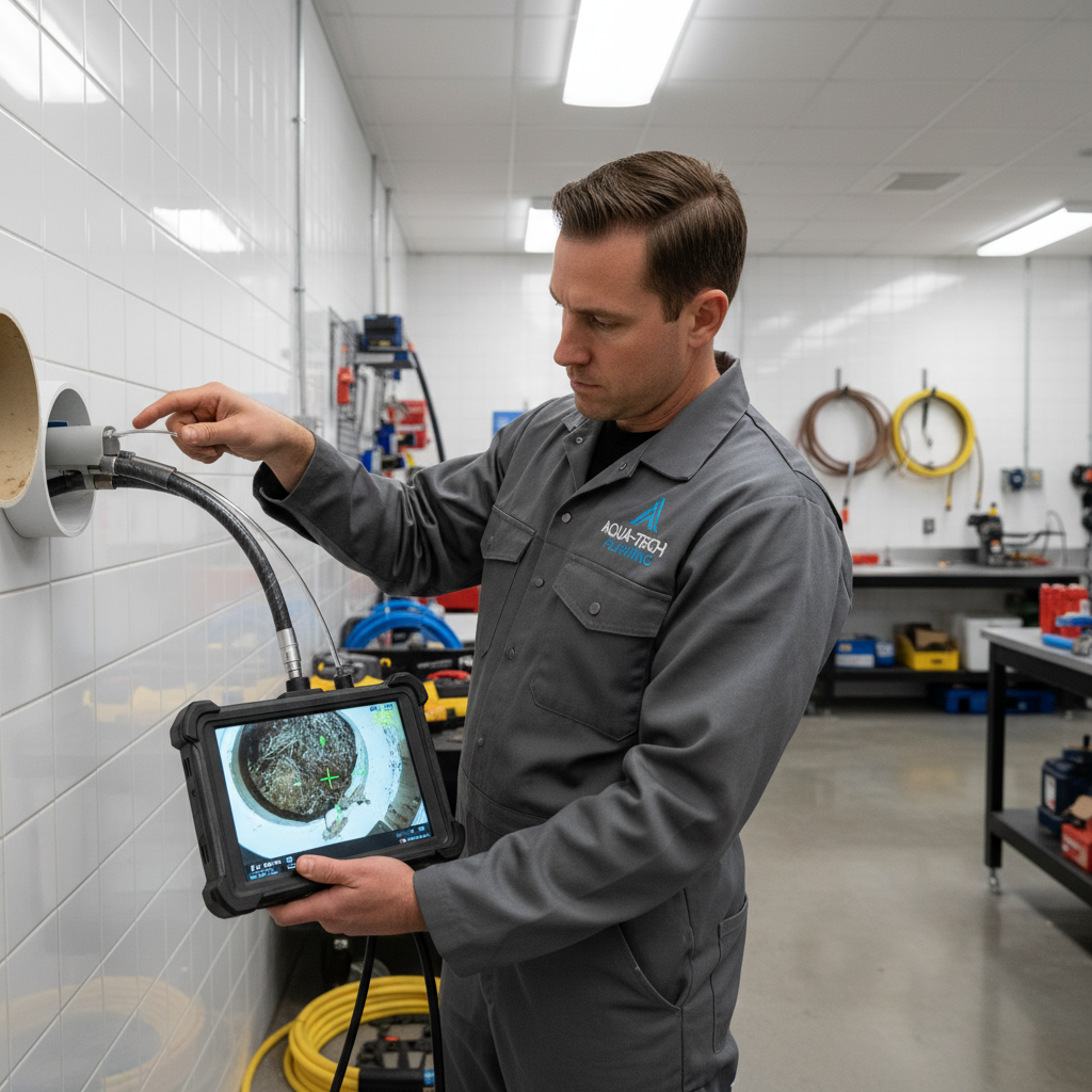 Um técnico utilizando uma câmera de inspeção de vídeo em um encanamento, exibindo a imagem interna do tubo em uma tela portátil. O foco é na precisão tecnológica para identificar a causa raiz do entupimento. Ambiente profissional e iluminado.