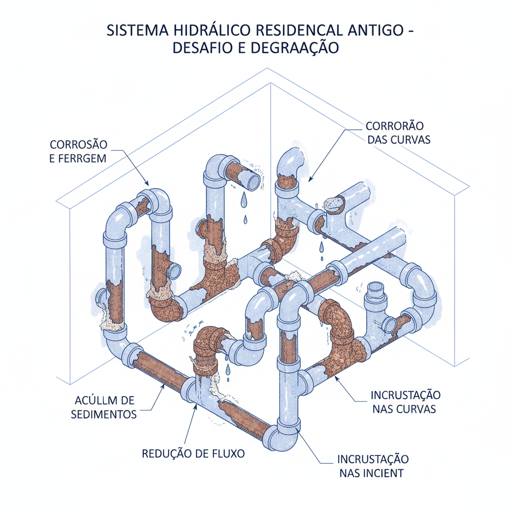 Um técnico especializado manuseando um cabo de fibra óptica para inspeção de vídeo em uma tubulação exposta. A imagem mostra a tela do equipamento exibindo o interior do encanamento com clareza, destacando a precisão da tecnologia de diagnóstico.