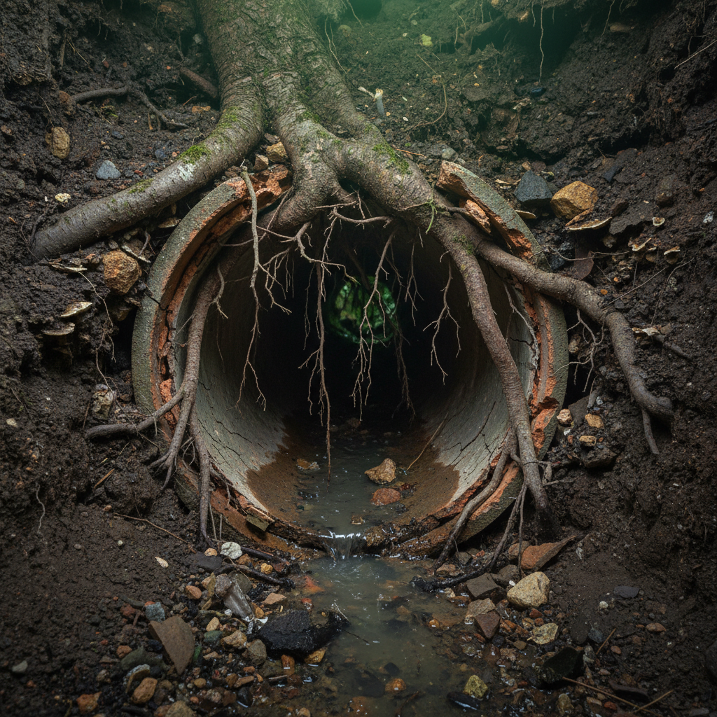 Um técnico especializado utilizando um equipamento de vídeo inspeção de alta resolução em um ralo de uma casa antiga, com um monitor exibindo em tempo real o interior da tubulação, mostrando uma obstrução ou dano estrutural.