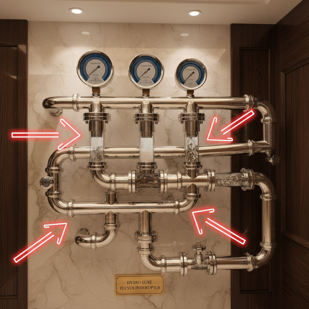 Diagrama técnico de um sistema de tubulação residencial, destacando ramificações e pontos críticos de acúmulo de resíduos como cabelo, gordura e objetos pequenos, com a indicação de diâmetros de tubulação e materiais.