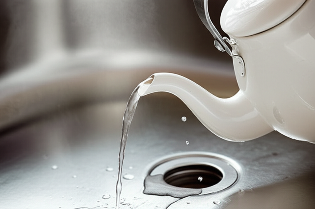 Imagem de uma pessoa jogando água fervente no ralo da pia.