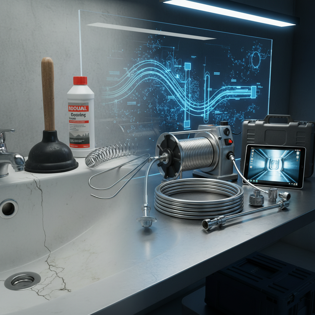 Imagem contrastando um kit de desentupimento caseiro (êmbolo de borracha, arame flexível) com equipamentos profissionais de desentupimento (mangueira de hidrojateamento, máquina desentupidora elétrica, câmera de inspeção de vídeo) dispostos em um cenário que sugere eficiência e tecnologia.