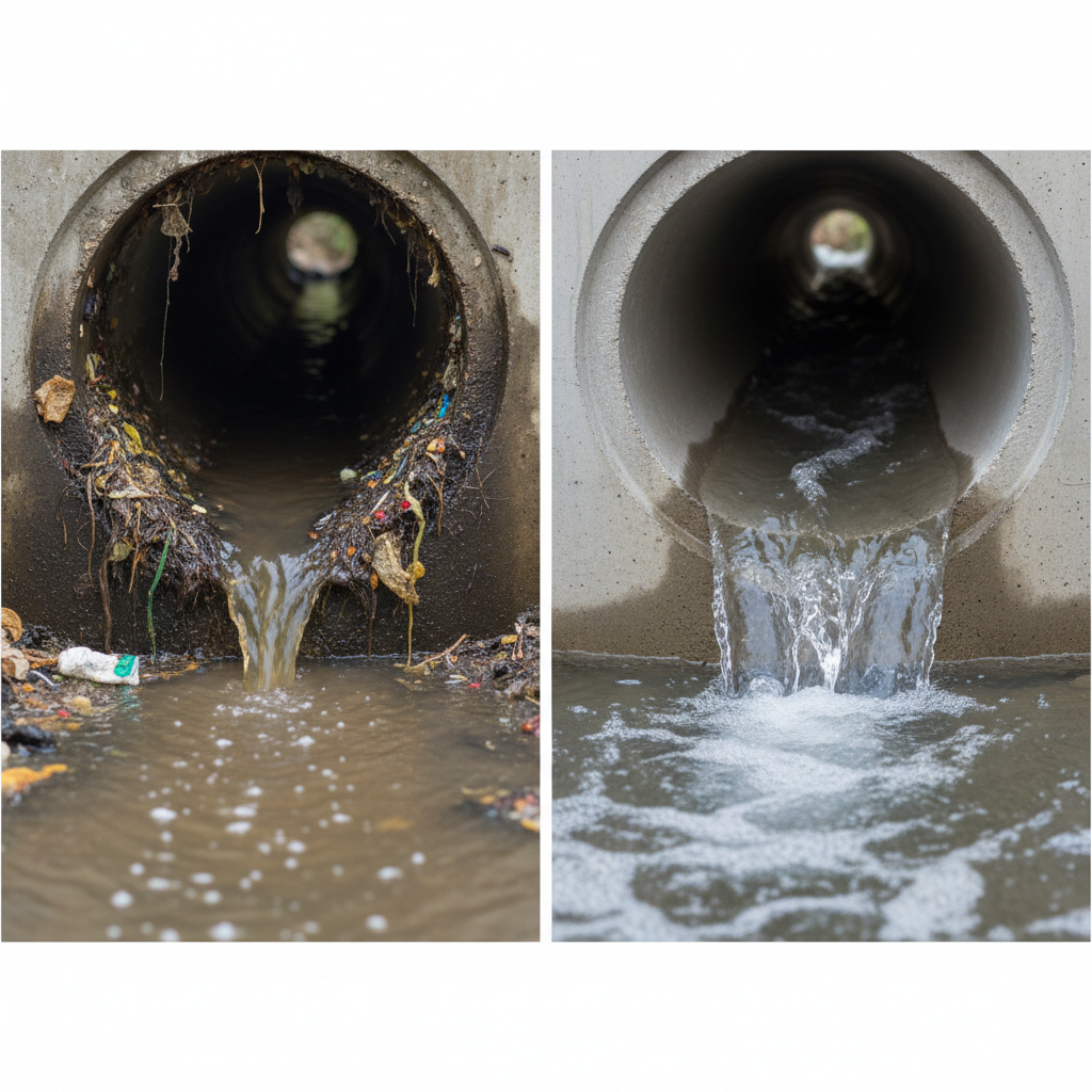 Uma imagem comparativa dividida. De um lado, um encanamento de esgoto com resíduos e entupimento parcial, mostrando um fluxo de água lento. Do outro lado, o mesmo encanamento limpo e totalmente desobstruído, com água fluindo livremente e rapidamente, simbolizando a eficácia do serviço profissional. A iluminação é clara em ambos os lados, enfatizando a diferença.