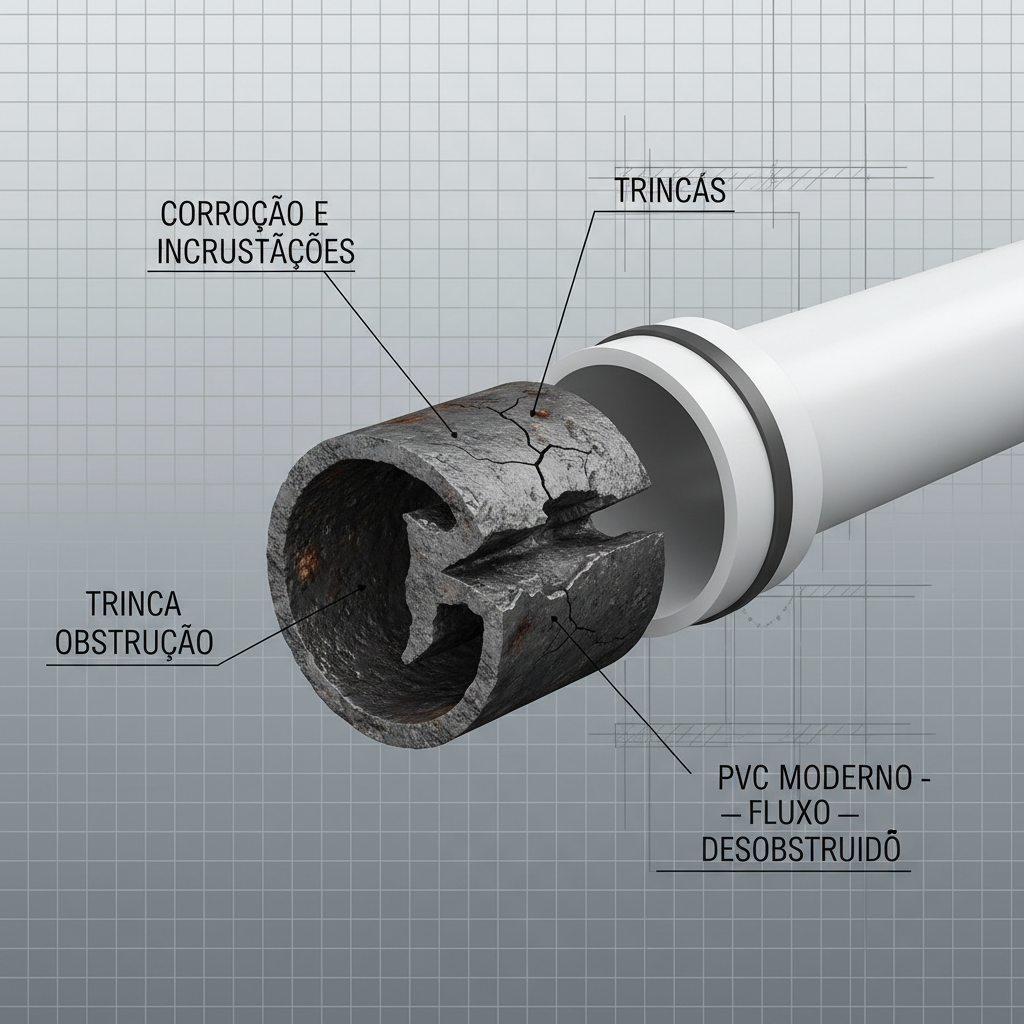 Diagrama esquemático de um sistema de drenagem subterrâneo de uma casa antiga, mostrando raízes de árvores invadindo tubulações de barro e pontos de colapso estrutural devido ao assentamento do solo. O desenho é claro e didático.