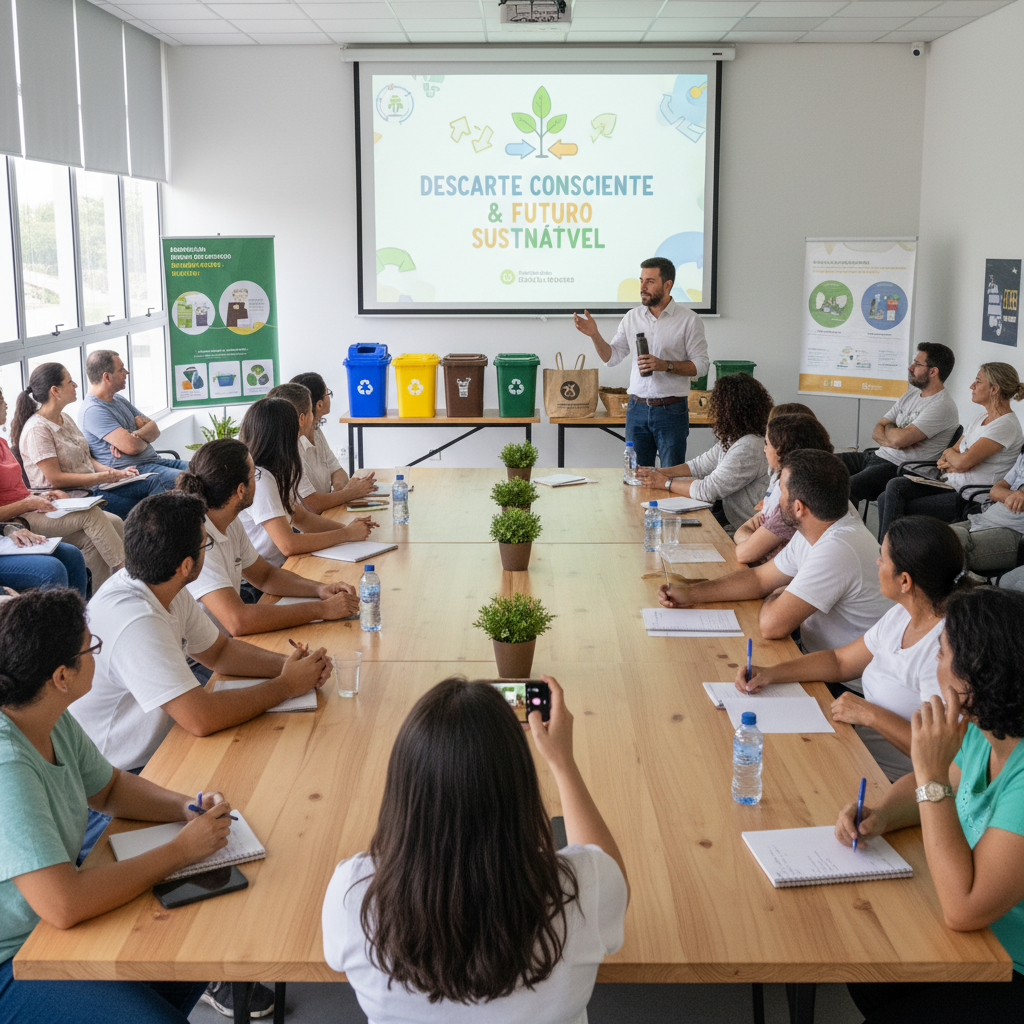 Pessoas participando de palestra ou workshop sobre descarte correto de lixo e sustentabilidade.