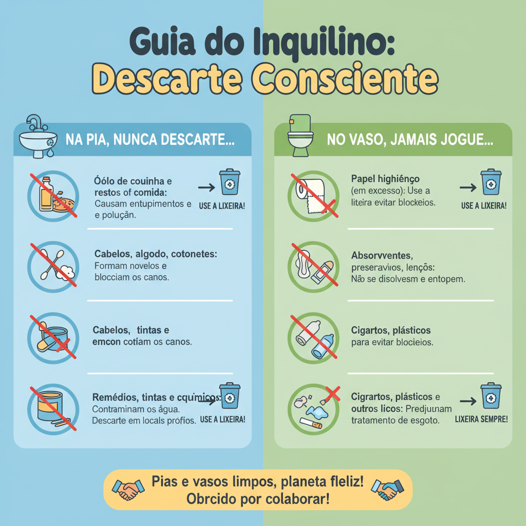 Infográfico com ilustrações amigáveis sobre o descarte correto de resíduos em pias e vasos sanitários, com dicas claras e exemplos visuais para os inquilinos, promovendo boas práticas.