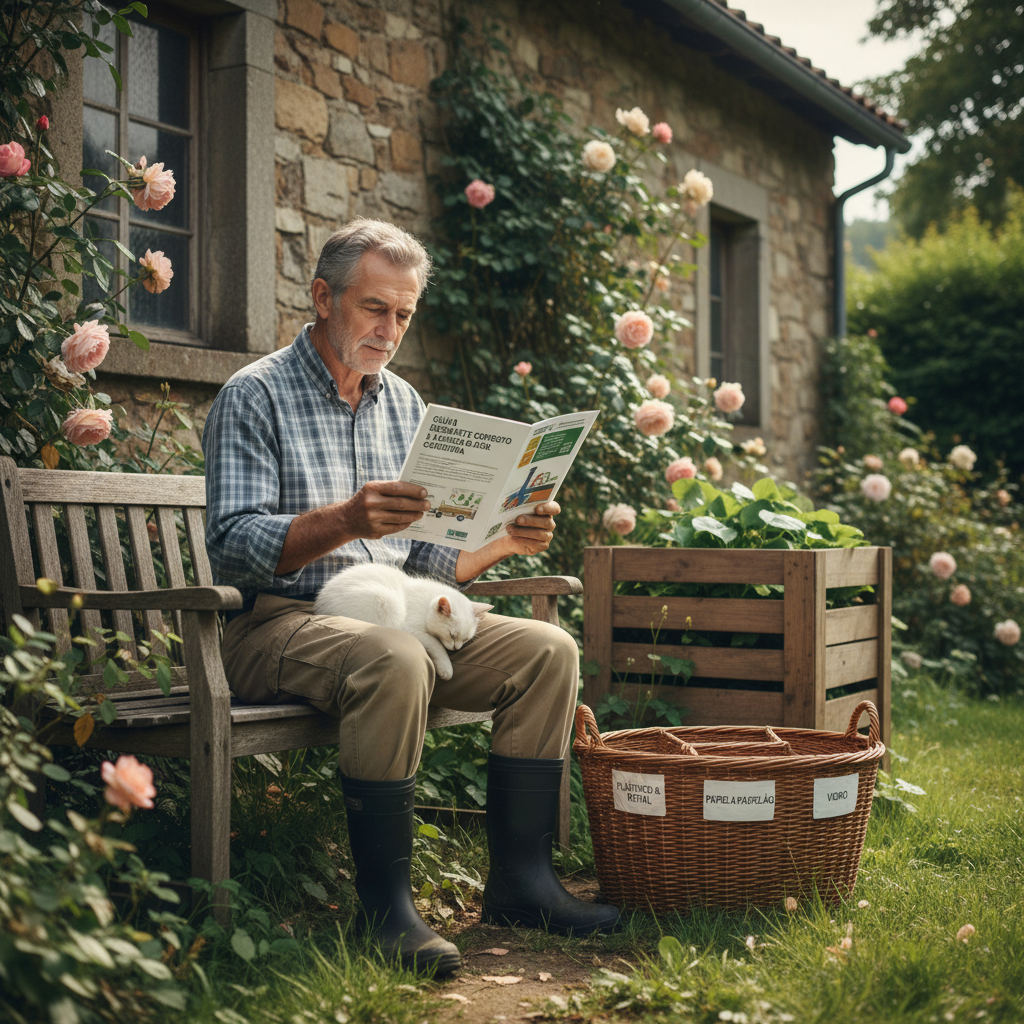 Um morador de casa antiga em um jardim, lendo um panfleto informativo sobre descarte correto de resíduos e a importância da limpeza de caixas de gordura, com um cesto de lixo seletivo ao fundo, reforçando a conscientização ambiental e de manutenção.