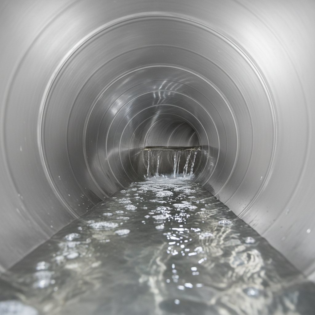 Um encanamento de esgoto totalmente limpo e brilhante, visto de perto, com um fluxo de água cristalina passando por ele. A imagem transmite a sensação de limpeza, eficiência e durabilidade, destacando a qualidade do trabalho realizado. Não há resíduos visíveis, apenas a superfície interna lisa do tubo.