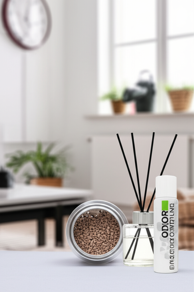 Imagem de produtos para eliminar odores em um ambiente.