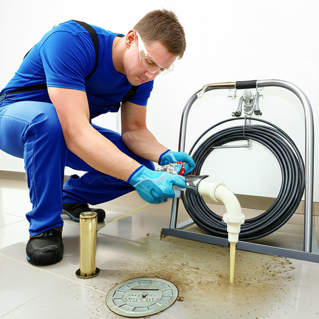 Encanador utilizando equipamento profissional para desentupir um cano.