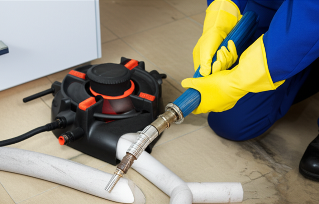 Encanador profissional utilizando equipamento especializado para desentupir um cano, mostrando a importância de assistência técnica qualificada.