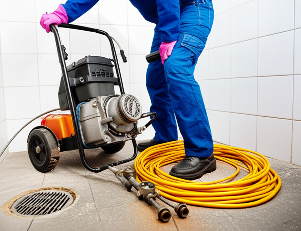 Encanador profissional utilizando equipamento de desentupimento.