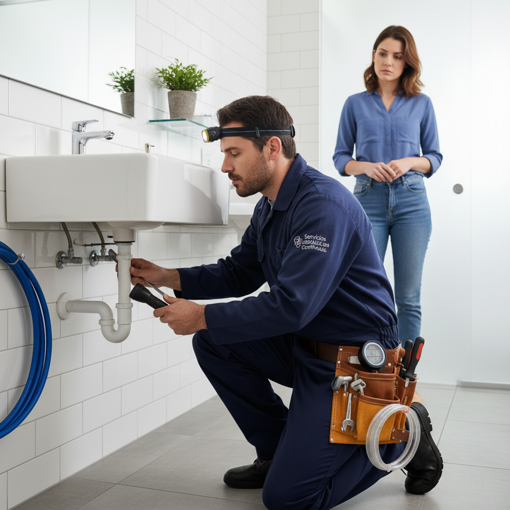Um encanador profissional uniformizado, com ferramentas à mostra, inspecionando uma pia de banheiro em um apartamento. O foco é na expertise técnica do profissional, com o proprietário (Mariana) observando a uma distância respeitosa e atenta.