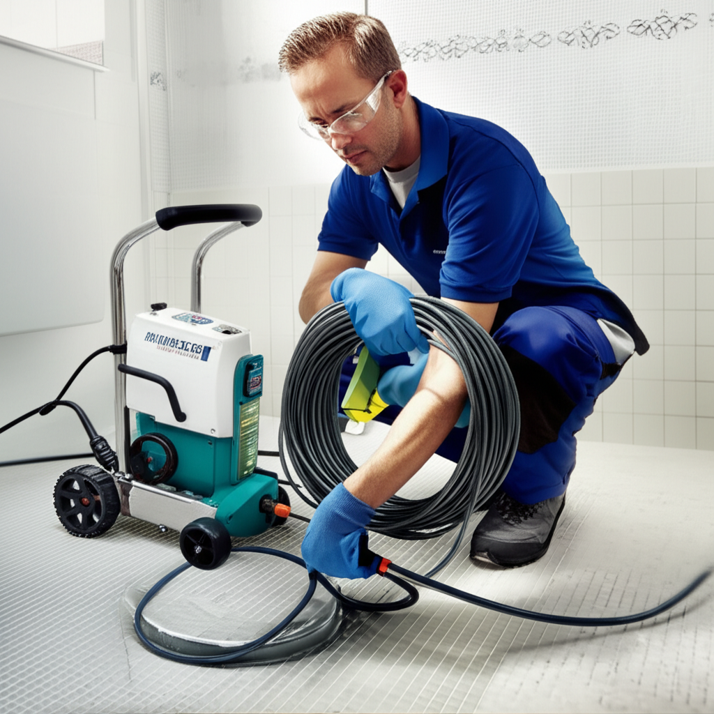 encanador moderno utilizando equipamento para desentupir tubulação