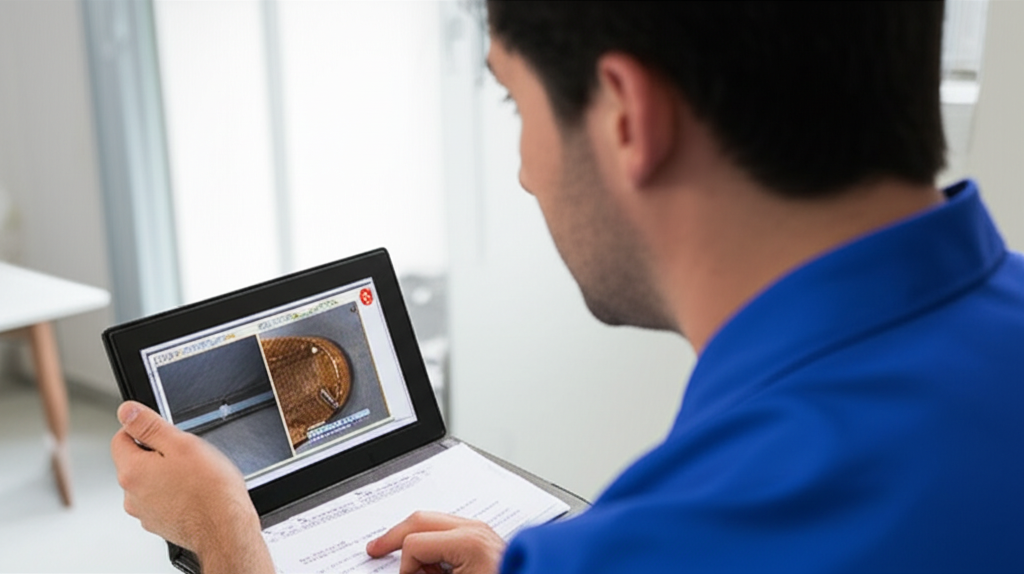 Encanador explicando para o proprietário os resultados de uma inspeção por câmera em uma tela, mostrando tubulação com problema.