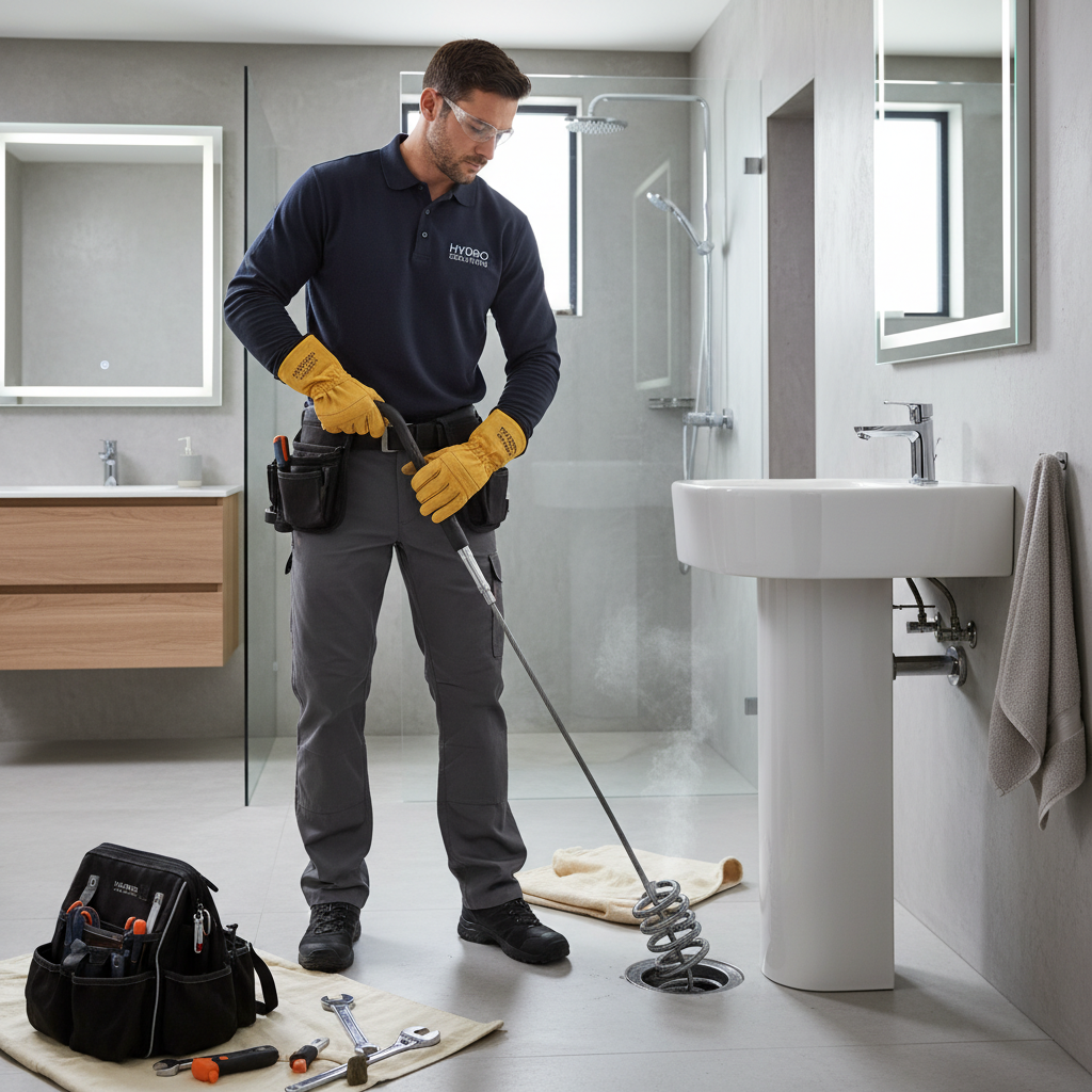 Um encanador profissional, com vestimenta adequada e luvas, utilizando uma máquina desentupidora de cabo espiral (roto-rooter) em um banheiro moderno. A cena deve transmitir expertise e segurança.