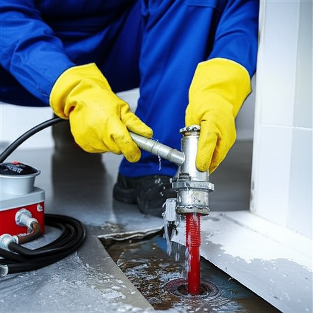 encanador profissional utilizando equipamento para desentupir cano