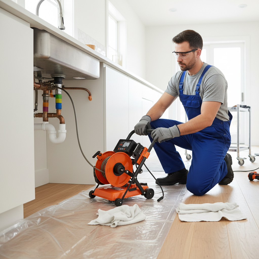Um encanador profissional utilizando um equipamento de desentupimento de alta pressão ou uma máquina roto-rooter, trabalhando em um sistema de tubulação complexo dentro de um ambiente residencial limpo, com foco na segurança e precisão da operação.