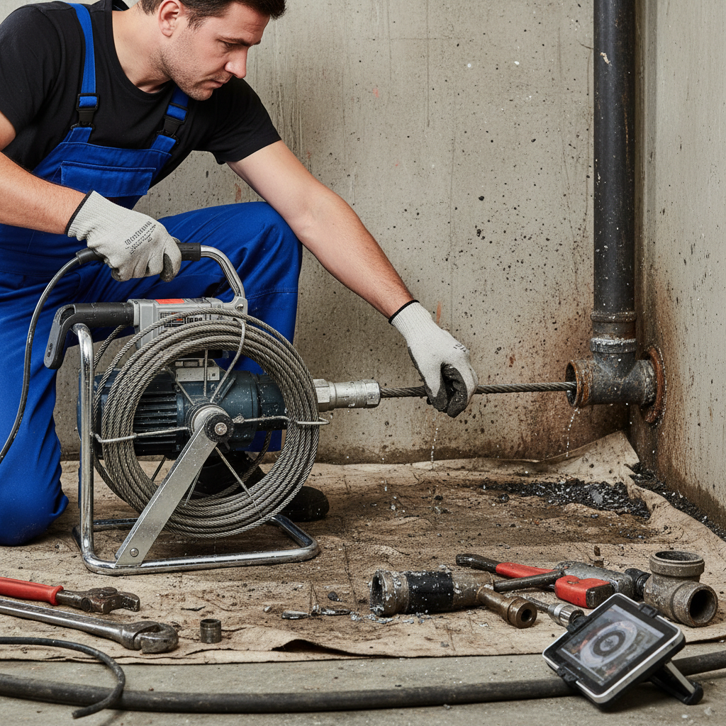 Close-up de um encanador profissional utilizando equipamentos específicos (ex: sonda desentupidora elétrica) para desobstruir um cano. O foco é na expertise e nas ferramentas avançadas para problemas complexos, com um ambiente de trabalho realístico.