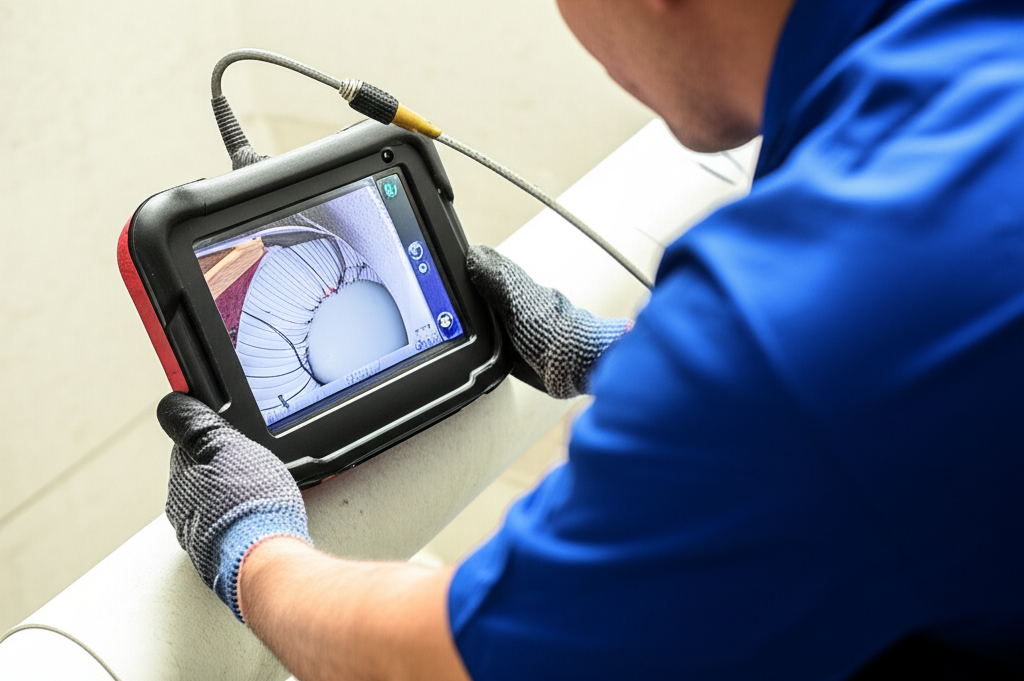 Encanador profissional utilizando equipamento de vídeo inspeção para diagnosticar problema em tubulação.