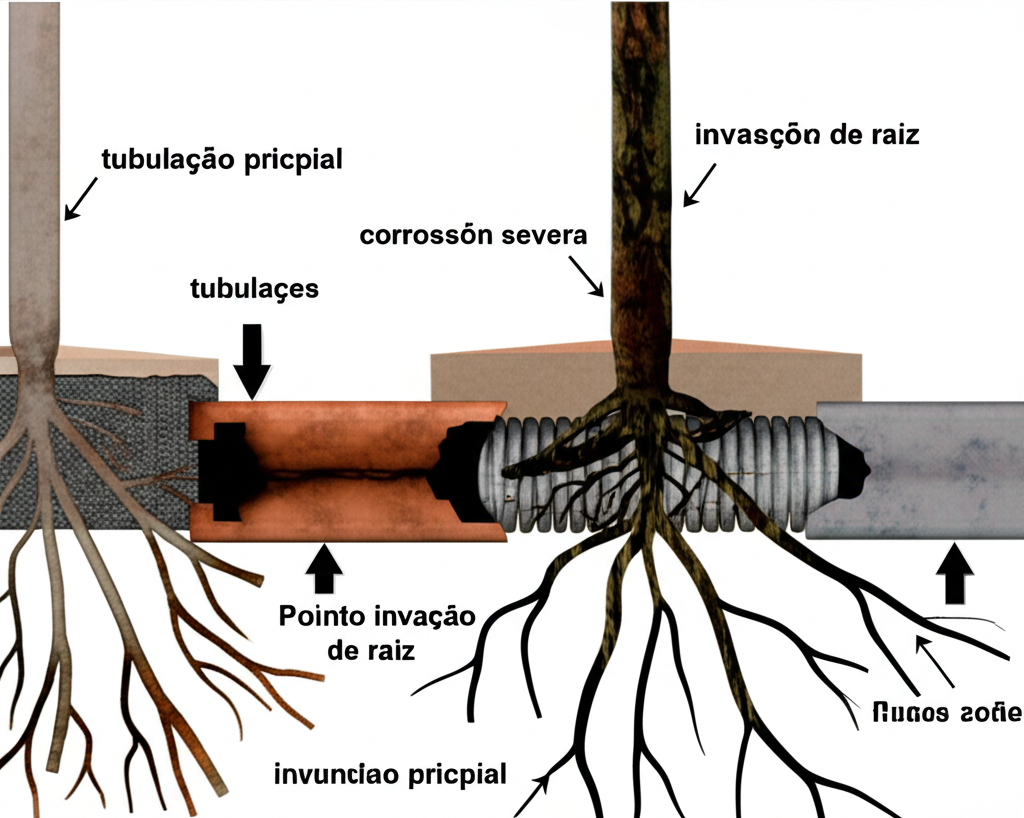 Diagrama de encanamento antigo mostrando tubulações corroídas e raízes de árvores invadindo a estrutura.