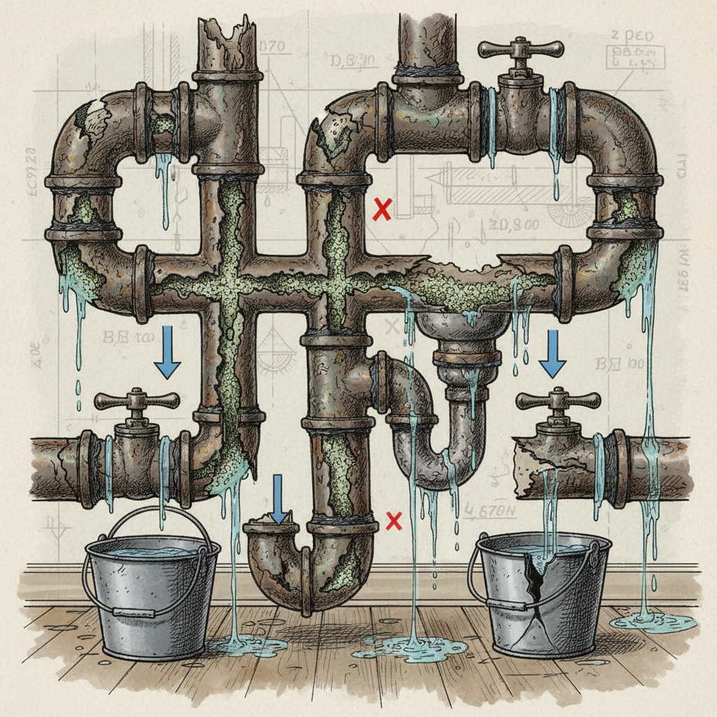 Representação esquemática de um sistema de encanamento de uma casa antiga, com tubulações visivelmente corroídas, rachaduras e acúmulo de sedimentos. A imagem deve focar na deterioração dos materiais e nos pontos de falha estrutural. Detalhes técnicos e realistas são essenciais.